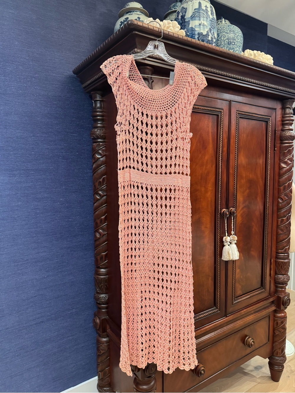 Hand-Crocheted Sleeveless Maxi Dress in Peach/pink w slip